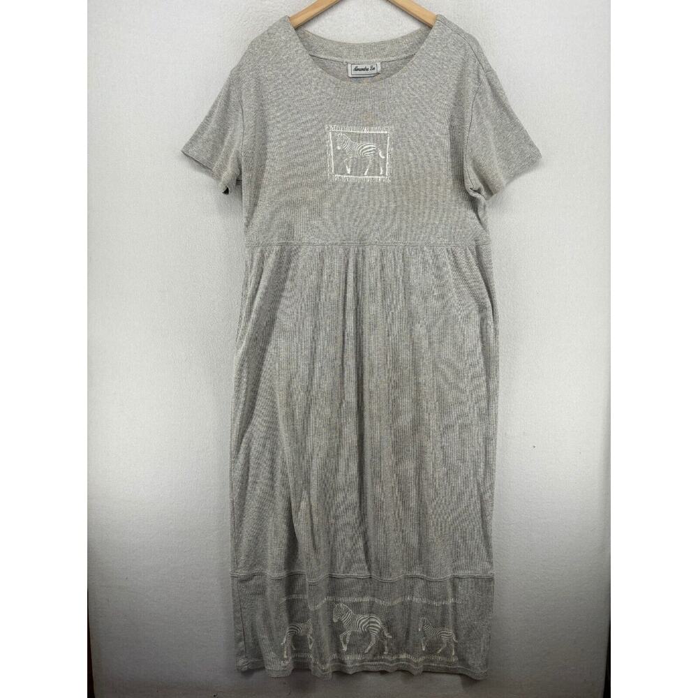 ALEXANDRA LEE Dress 10 Maxi Zebra Safari Short Sleeve Shift Jersey Gray VTG USA